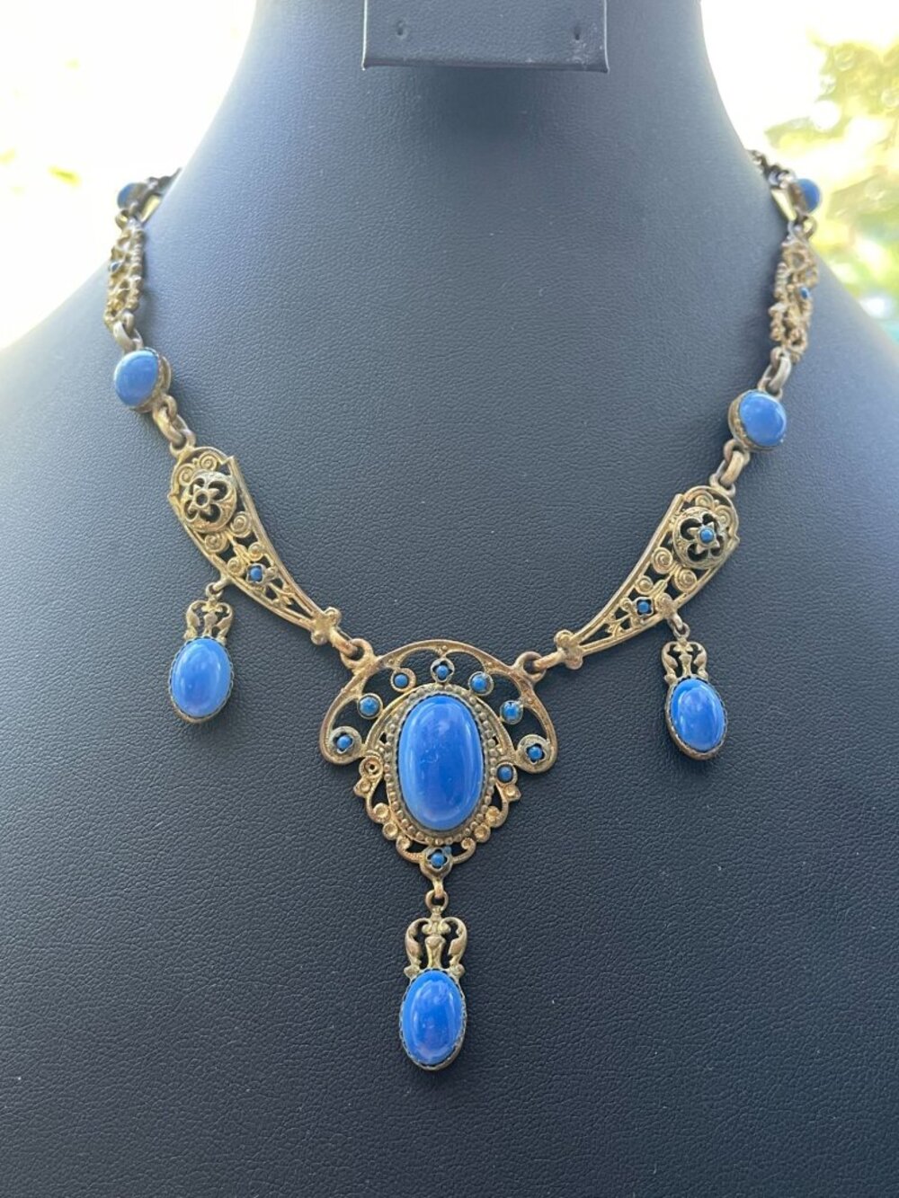 Vtg Art Nouveau Blue Glass Stone Gold Tone Necklace Signed Made in France - Picture 10 of 16